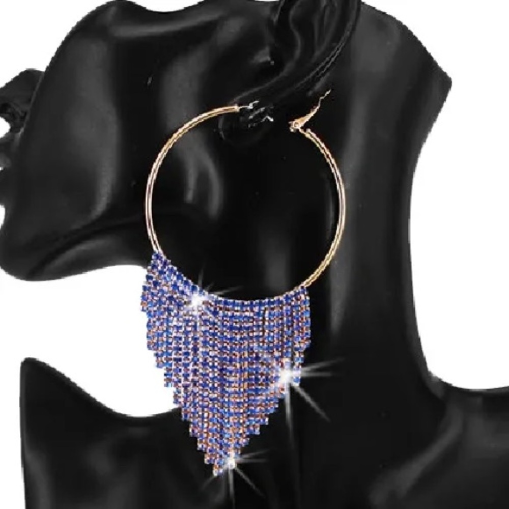 Sapphire Blue Crystal chandelier BLING Hoop Dangle Long statement Earrings Gold